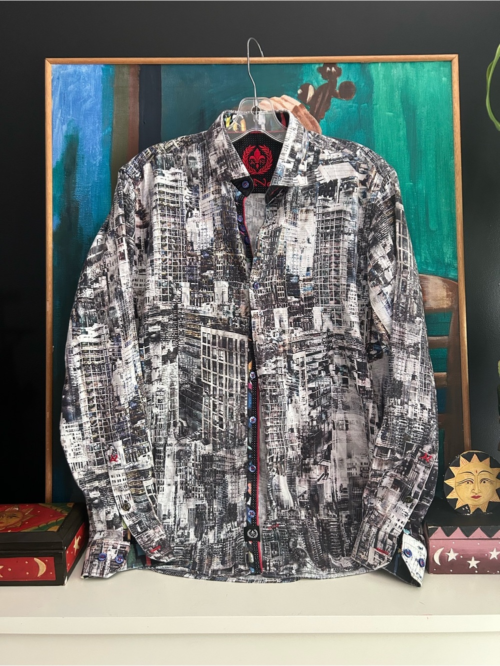 Au Noir Men’s Size 3 Cityscape Print Long Sleeve Button Up Shirt
